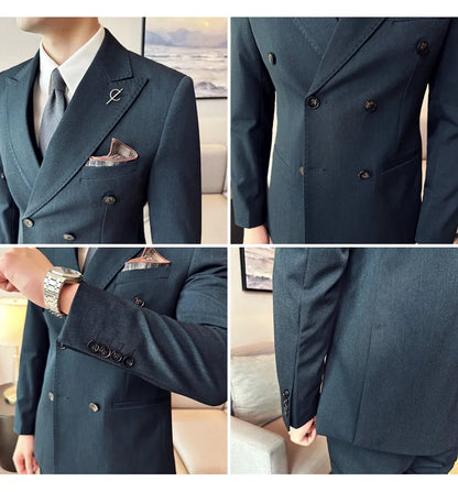 (Jackets +Pants ) Men's Suits 2 Piece High-Quality Double Breasted Lapel Solid Business Groom Wedding Tuxedo Banquet Clothing