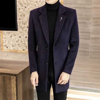 High-quality men's fashionable and stylish mid-length solid color woolen and cotton thick coat for autumn and winter