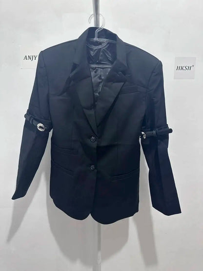 Autumn New Women Design Sense Blazer Personality Patchwork Belt Decoration Slim Fit Elegant Fashion High Street Coat HK9048