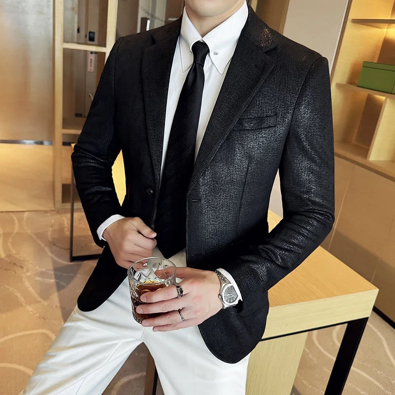 Vintage Suede Line Bronzing Striped Suit Coats 2025 Autumn New High Quality Men Slim Business Social Formal Suit Coats Tailcoat