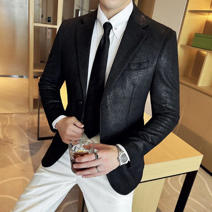 Vintage Suede Line Bronzing Striped Suit Coats 2025 Autumn New High Quality Men Slim Business Social Formal Suit Coats Tailcoat