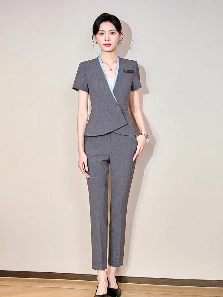 Fashionable professional women's clothing, high-quality short-sleeved suit jacket + pants set, slim and comfortable