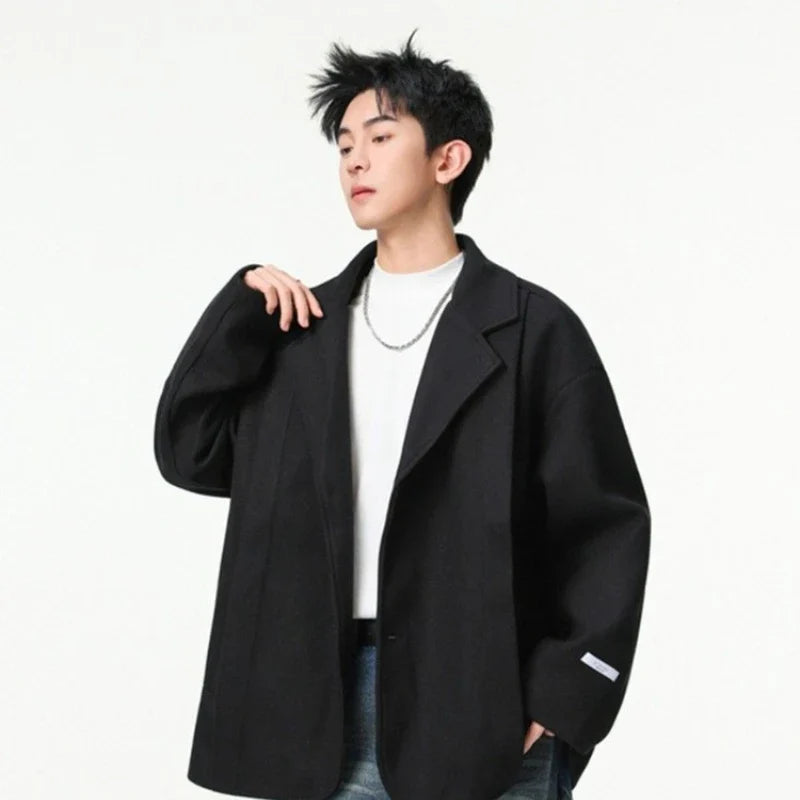 Men's British Style Brown Wool Blend Blazer Korean Loose Lapel Chic Autumn Fashion Suit Jacket