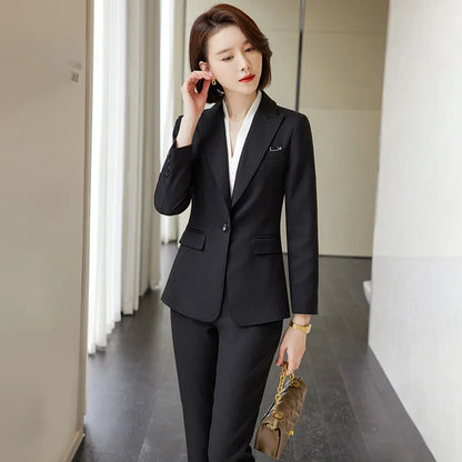 Ladies Blazer And Pant Suit Formal Army Green Khaki Gray Black Solid Women Jacket Trouser Female Business Work Wear 2 Piece Set
