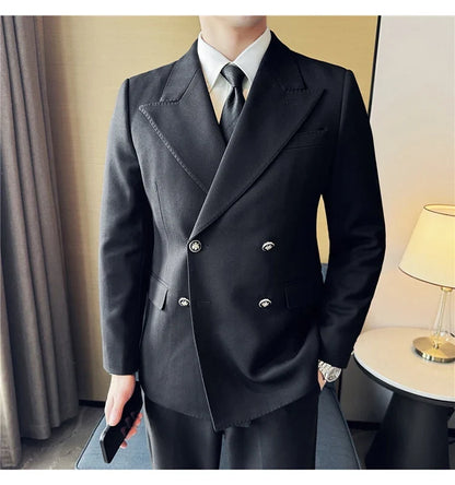 Autumn Winter Thickened Woolen Suit Jacket Men Double-breasted Casual Business Blazers Slim Fit Wedding Social Dress Coat M-4XL