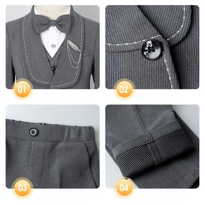 New Arrival Boys Slim Fit Suits 5 Pieces Jacket Vest Pant Bow-tie Brooch Party Wear,Smart Handsome Shawl Lapel Suit Set On Sale