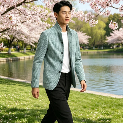 Men's Herringbone Tweed Blazer Stand Collar Slim Fit Business Casual Suit Jacket Spring Daily Commute Lightweight Sport Coat