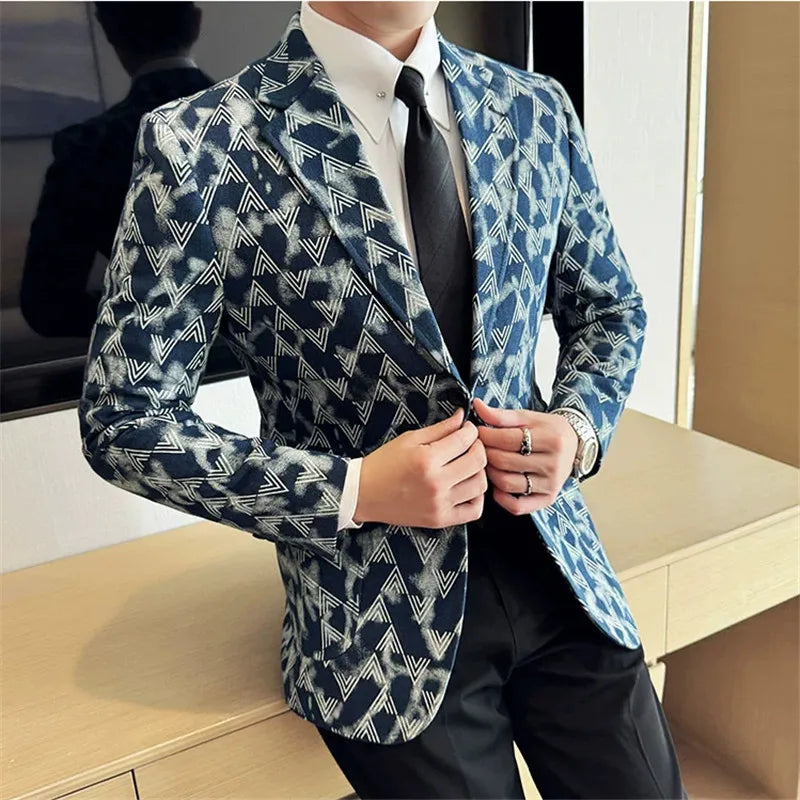 Jacquard Denim Korean Slim Fit Suit Coats 2025 New High Qualitys Fashion Men Slim Fit Business Formal Social Suit Jacket 4XL-M