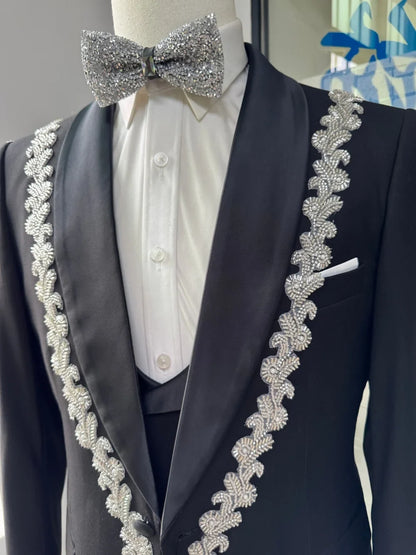 Handsome Premium Beaded Man Suits 3 Pieces Banquet Party Wear Black Shawl Lapel  Men's Suit Set For Wedding Birhday Prom S-3XL