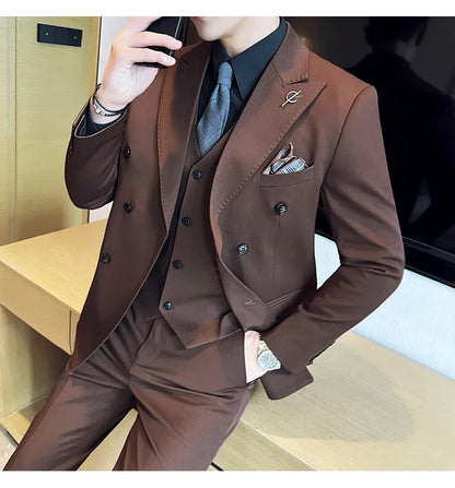 (Jackets +Pants ) Men's Suits 2 Piece High-Quality Double Breasted Lapel Solid Business Groom Wedding Tuxedo Banquet Clothing
