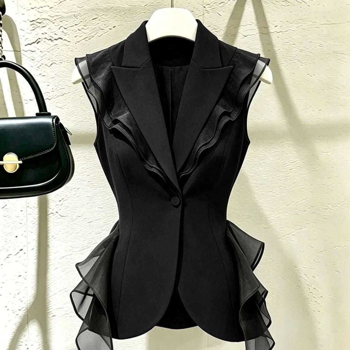 2026 New Black Suit Vest Female Summer Korean Fashion Spliced Flounces Sleeveless Blazers Jacket Waistcoat Women Outerwear Tops