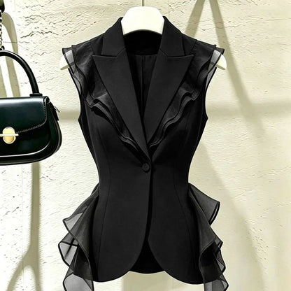 2026 New Black Suit Vest Female Summer Korean Fashion Spliced Flounces Sleeveless Blazers Jacket Waistcoat Women Outerwear Tops