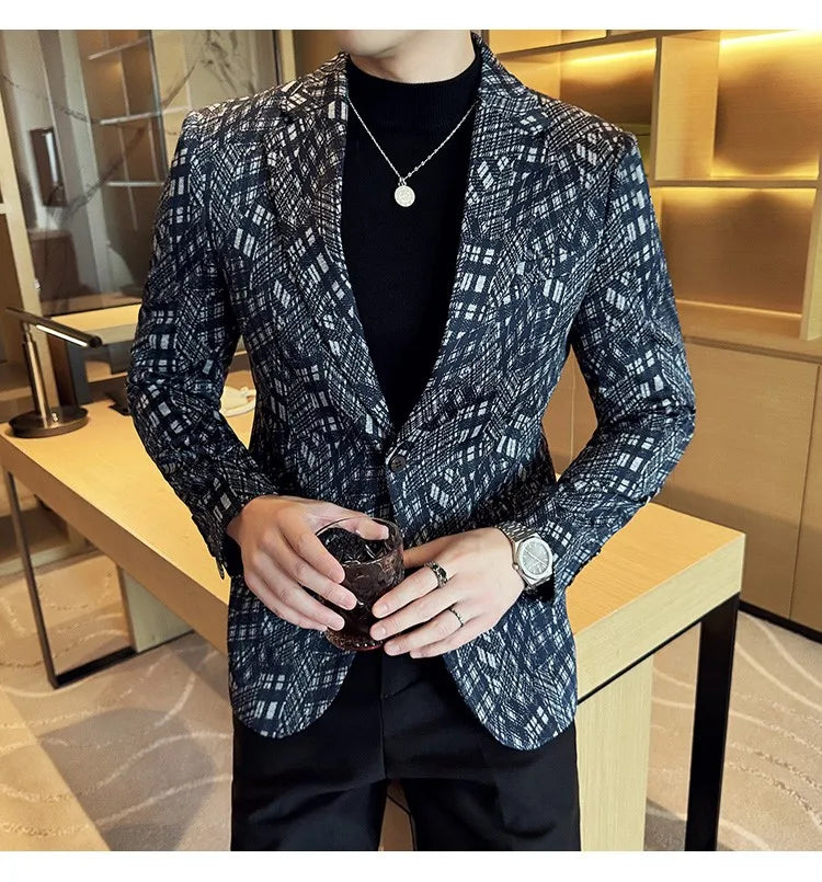 Korean Slim Fit Casual Suit Jacket for Men Fashion Camouflage Business Social Blazers Wedding Streetwear Dress Coat Men Clothing