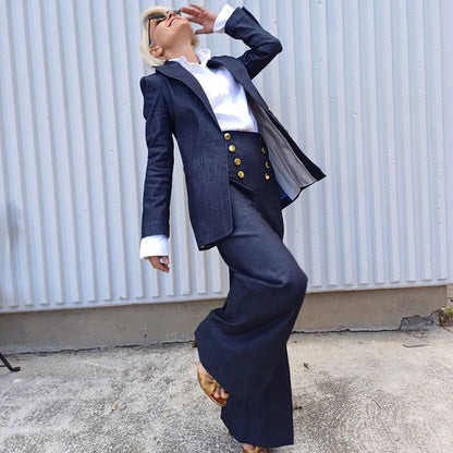 Navy Blue Women Suit Customized Single-breasted Peaked Lapel Denim Two Pieces(Blazer+Pants) Casual Daily Set for Shopping&Office