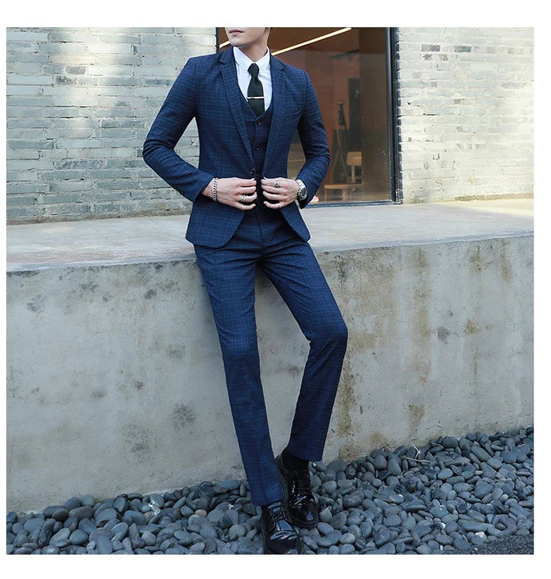 Men's Autumn Winter Trendy Three-Piece Suit Set Slim Fit Stylish Vest Trousers Ensemble Handsome Personality Wardrobe Essential