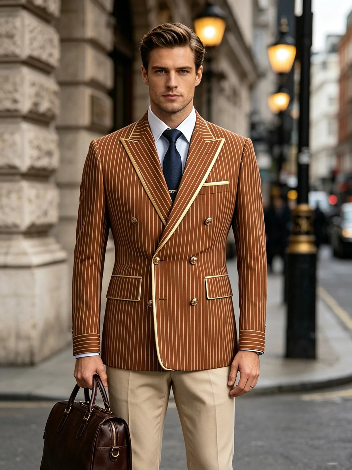 Pinstripe Double Breasted Peak Lapel Mens Suit Jacket Business Slim Fit Gold Trim Striped Coat Formal Wedding Prom Banquet Party