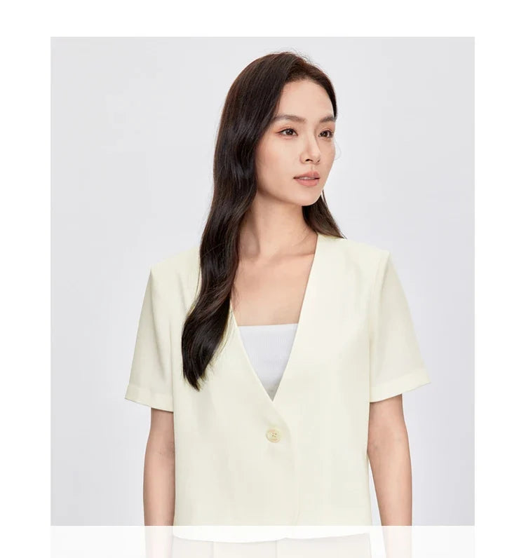 Solid Color Women's Jackets 2026 New Formal Cropped V Neck Single Button Short Sleeve Commuting Outerwear 152X87886