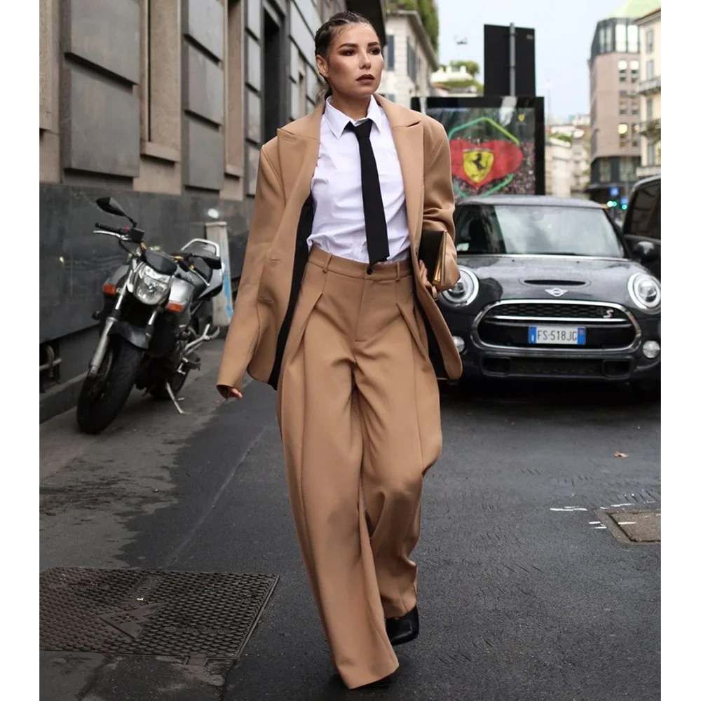 Fashion Street Style Women's Suit 2 Pieces Oversized Peaked Lapel Split Hem Wide Leg Pants Outfit Loose Casual Blazer Set