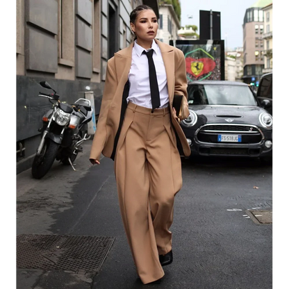 Fashion Street Style Women's Suit 2 Pieces Oversized Peaked Lapel Split Hem Wide Leg Pants Outfit Loose Casual Blazer Set