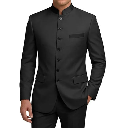 Men's 2-Piece Serge Suit Mandarin Collar Slim Fit Formal Set for Weddings and Business