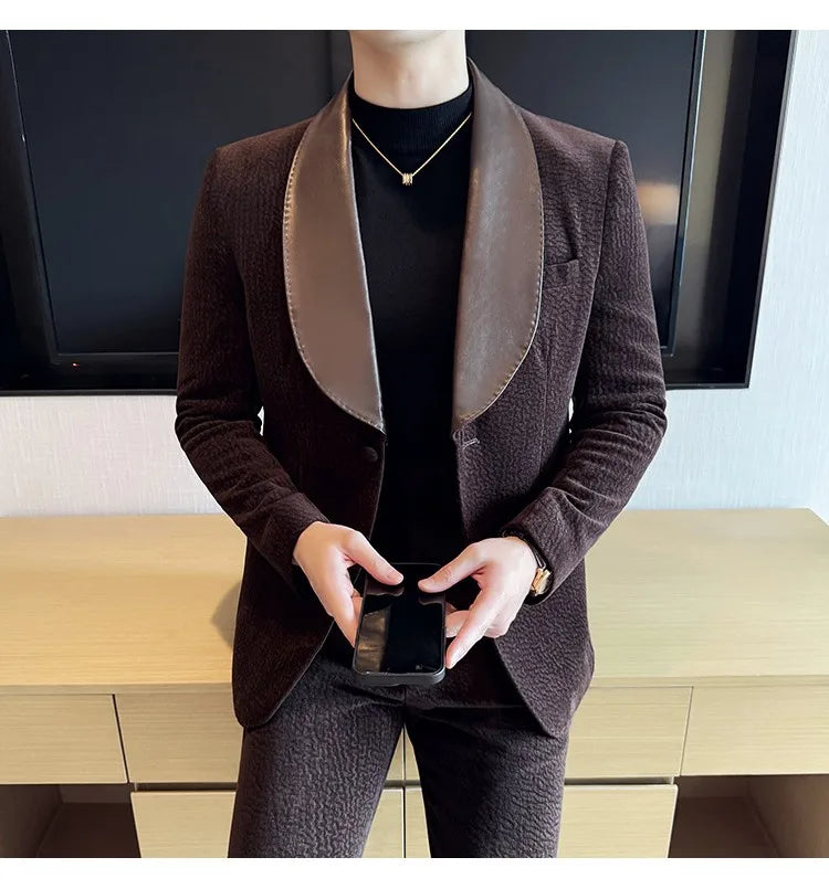 British Style PU Patchwork Suit for Men Casual Business Wedding Suits 2 Pieces Set (jacket+pant) Office Work Party Prom Suit