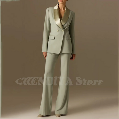 Classic Shawl Lapel Suit For Women Elegant Double Breasted Outfit Solid Color Two Piece Straight Modern Style Office Wear