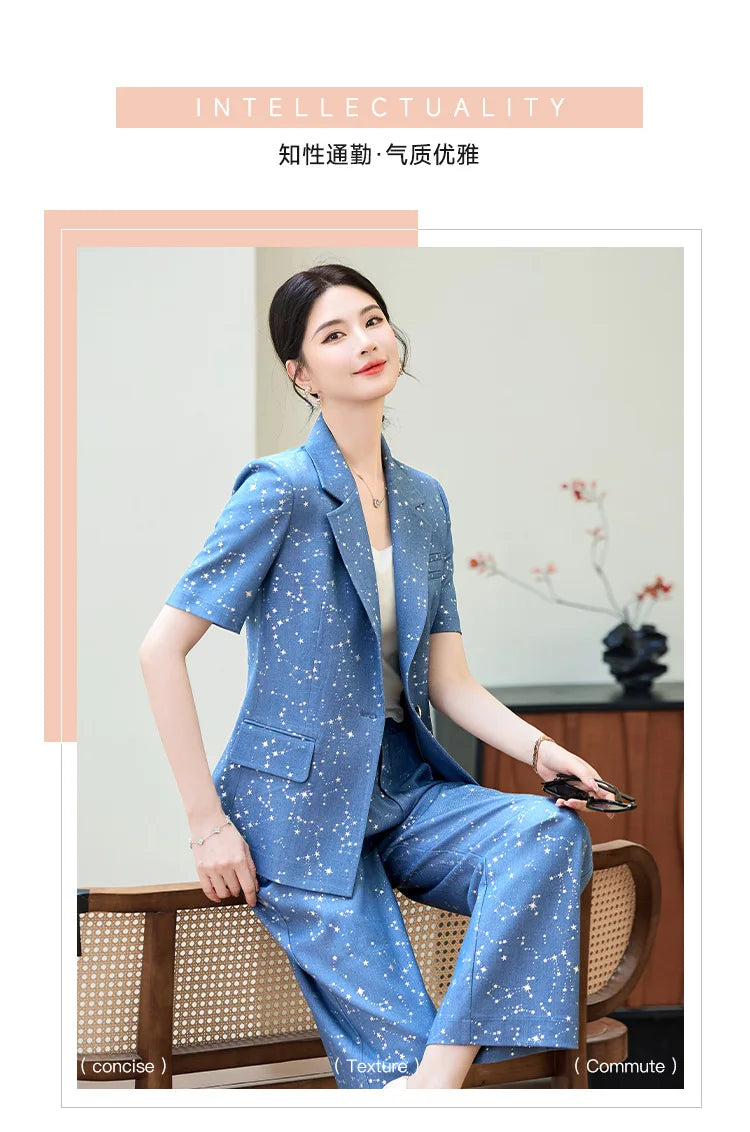 Fashion Blue Yellow Short Sleeve Professional Suit Women New Summer Elegant Formal Slim Blazer And Pants Office Ladies Work Wear