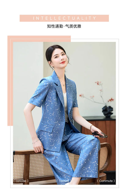 Fashion Blue Yellow Short Sleeve Professional Suit Women New Summer Elegant Formal Slim Blazer And Pants Office Ladies Work Wear