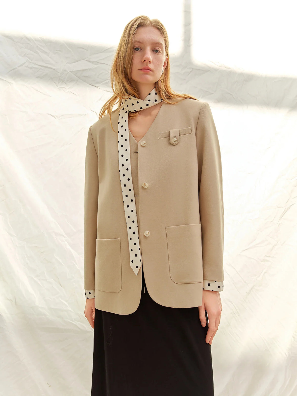 2025 Women's Black Polka Dot Blazer Spring New V-Neck Ribbon Bow Tie Long Sleeve Slim Jacket Retro Office Chic Outerwear