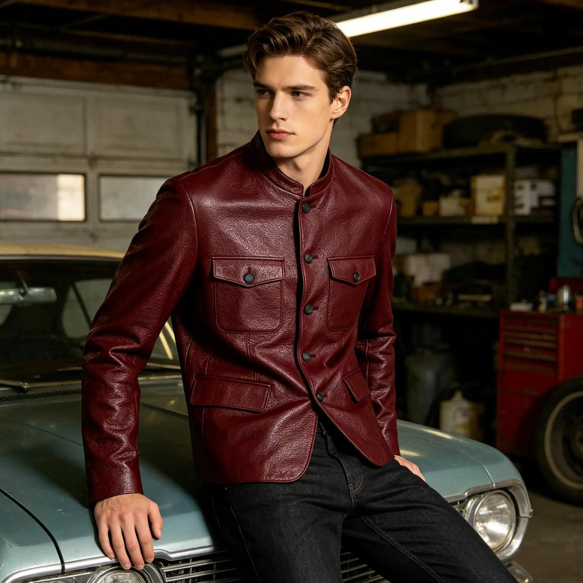 Men Premium Leather-Like Stand Collar Jacket Single Breasted Casual Multi-Pocket Slim Fit Business Outerwear