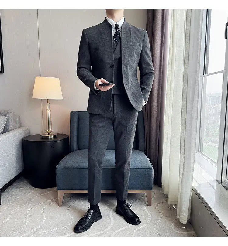 Men's 3-Piece Slim Fit Stand Collar Suit – Wedding, Prom & Office Formal Set