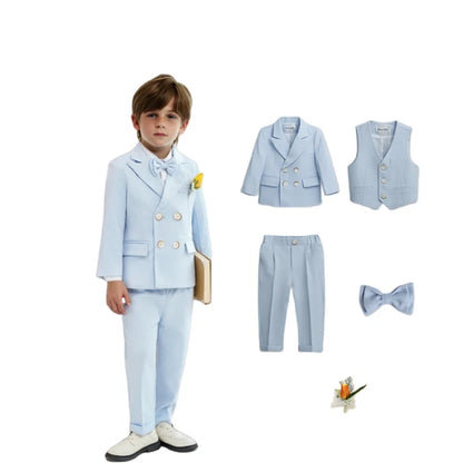 Kids 5Pieces Pure Pink Suit Set With Jacket Vest Pants Bowtie Brooch Boys Wedding Birthday Party Piano Performance Costume