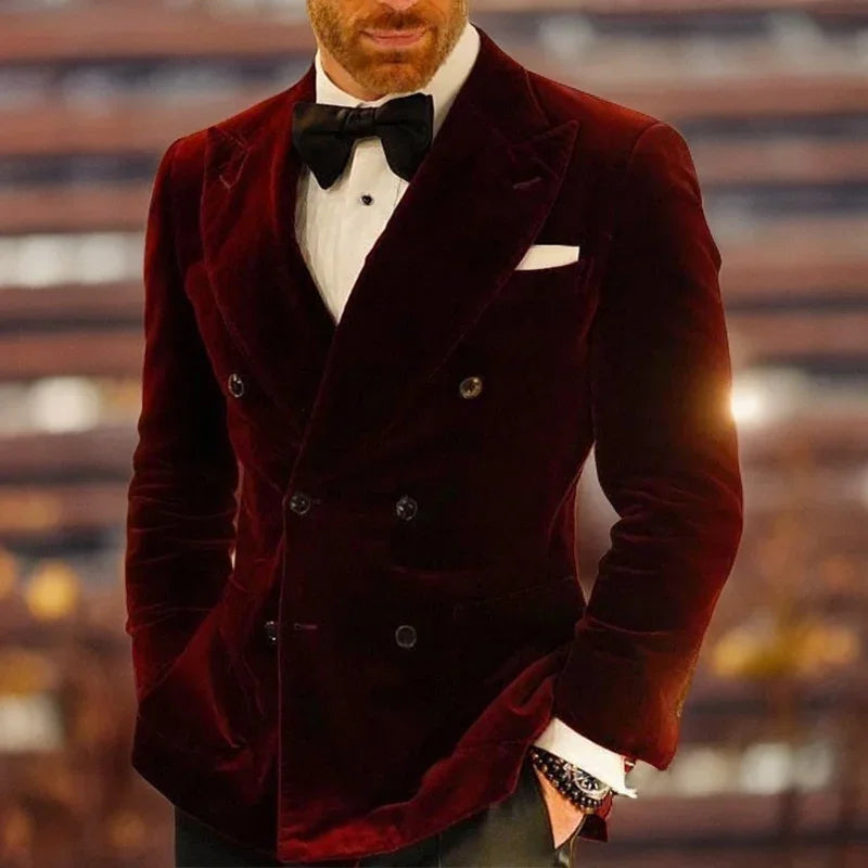 Velvet Smoking Jacket for Men Double Breasted Burgundy Suit Blazer Slim Fit Prom Party 1 Piece Groom Fashion Coat 2024