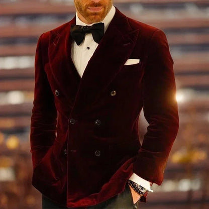 Velvet Smoking Jacket for Men Double Breasted Burgundy Suit Blazer Slim Fit Prom Party 1 Piece Groom Fashion Coat 2024