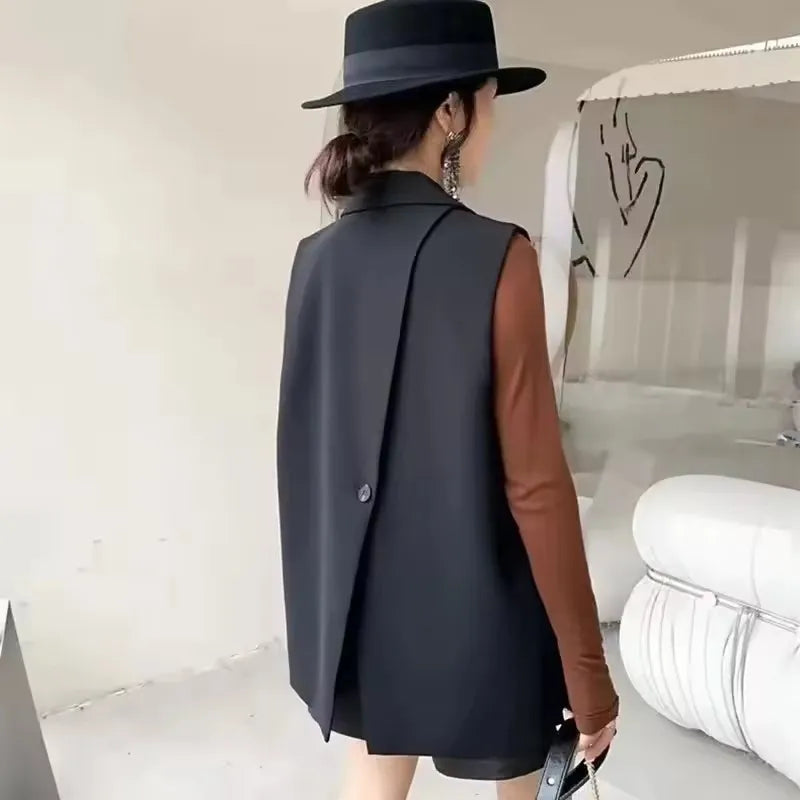 Vintage Sleeveless Suit Vest Fashion Casual Lapel Suit Waistcoat 2025 Summer Women Office Double Breasted Split Back Outwear