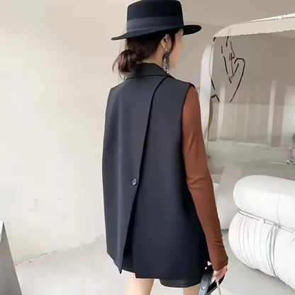Vintage Sleeveless Suit Vest Fashion Casual Lapel Suit Waistcoat 2025 Summer Women Office Double Breasted Split Back Outwear
