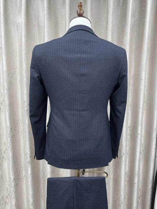 Formal Blue Men's Striped Suit Set 3 Pieces Office Outfit Classic Peak Lapel Long Sleeved Suits For Business Party Tuxedo S-3XL