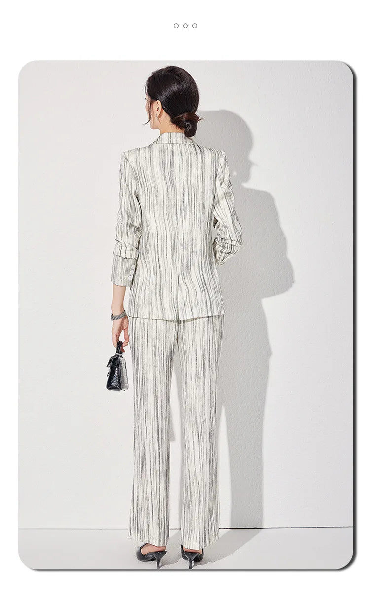 Fashion Women Striped Pants Suit New Spring Business Formal Slim Long Sleeve Thin Blazer and Trousers Office Ladies Work Wear