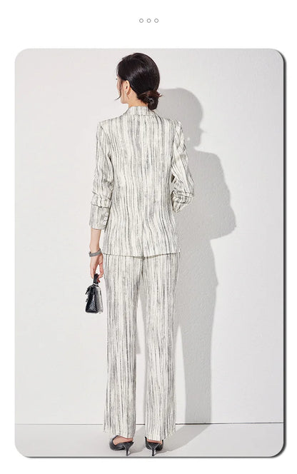 Fashion Women Striped Pants Suit New Spring Business Formal Slim Long Sleeve Thin Blazer and Trousers Office Ladies Work Wear