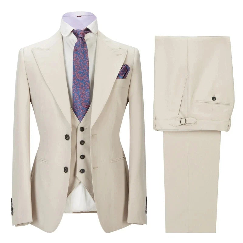 Men Suit 3 Pieces Beige Solid With Lapel Business Casual For Wedding Banquet Work Tuxedo Set Jacket Vest With Pants