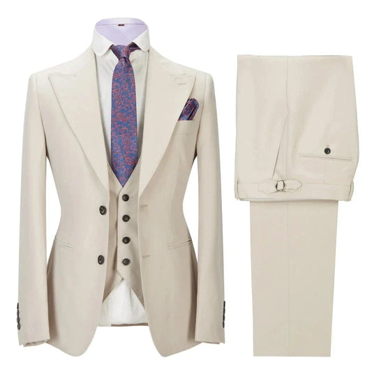 Men Suit 3 Pieces Beige Solid With Lapel Business Casual For Wedding Banquet Work Tuxedo Set Jacket Vest With Pants