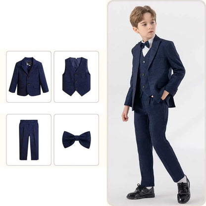 Children Navy Blue Spring 4Piece/Set Jacket Vest Pants Bowtie Piano Dress Kids Ceremony Photograph Suit Boys Performance Costume