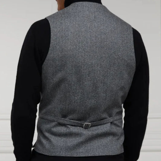 Men's Vest Herringbone Gray with Black Pocket V-Neck Waistcoat for Wedding & Formal Occasions
