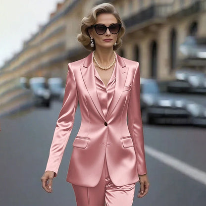 Women's Gold Satin Blazer Suit Set Stylish Single-Breasted Jacket+Pants Luxe Shiny Two-piece for Cocktail Party Wedding Guest