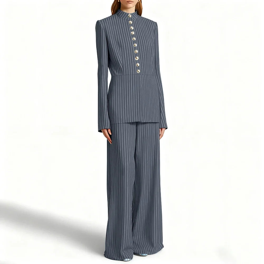 Elegant Women's Suits Pinstripe Two-piece(Jacket+Pants) Set with Stand Collar Gold Single Breasted Business Office Lady Outfit