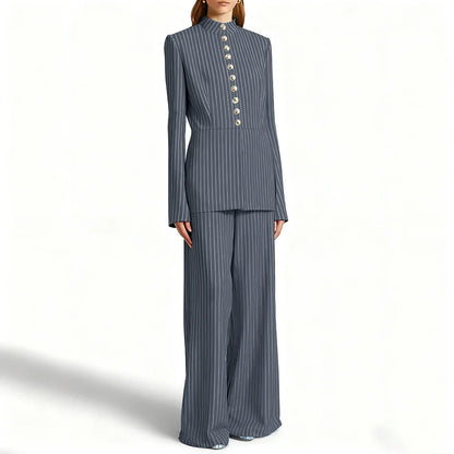 Elegant Women's Suits Pinstripe Two-piece(Jacket+Pants) Set with Stand Collar Gold Single Breasted Business Office Lady Outfit