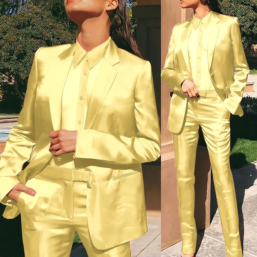 Women’s Red Satin Suit 2 Piece (Jacket+Pants) Set Gorgeous Single-breasted Blazer for Evening Party Formal Cocktail Streetwear