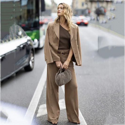 Smart Casual Women Suits High Quality Double Breasted Wide Leg Pants Set Soft Textured Modern Gathering Event Formal Outfit