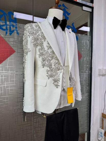 Opulent Crystal Men's Suits 2 Pieces Jacket Pants Wedding Groom Sets Premium Jacquard Suit Set For Men Banquet Party Outfit