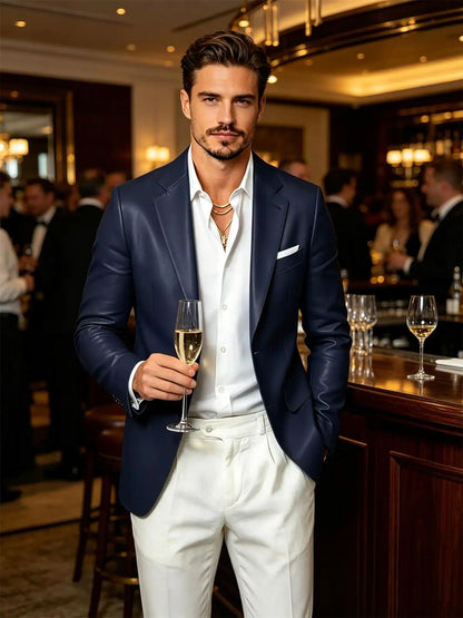 Men's Faux Leather Blazer Slim Fit 2 Button Notched Lapel Suit Jacket Business Formal Leather Sport Coat For Wedding Party